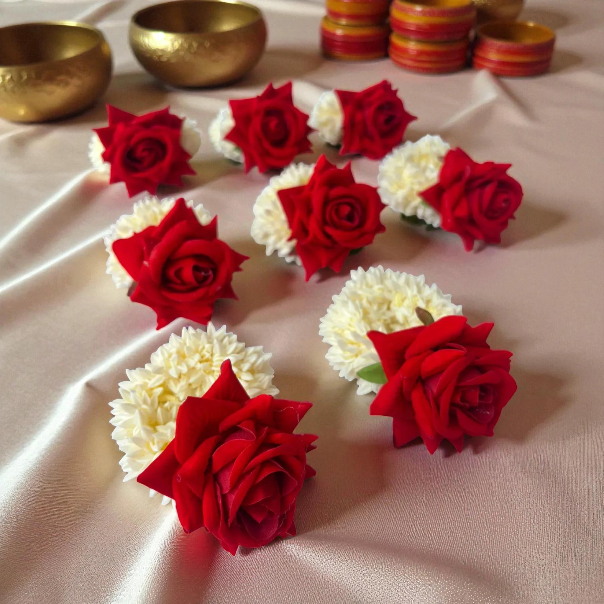 Wedding Hand Gajra Favors with red roses and white flowers, ideal for Haldi Mehndi ceremonies and bridal accessories. Pack of 2 handmade floral gajras. Main image