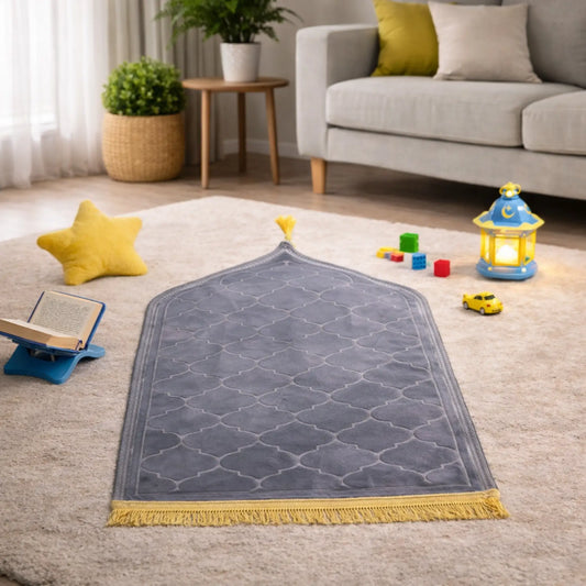 Gray Kids Dome Janamaz - Kids Dome Prayer Rug placed in a playroom with toys and Islamic decor, perfect for introducing children to salah.
