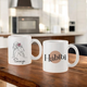 Custom Habibi mug with name 'Saniya' and line art of a woman in hijab, part of 350ml personalized couple mugs gift set.