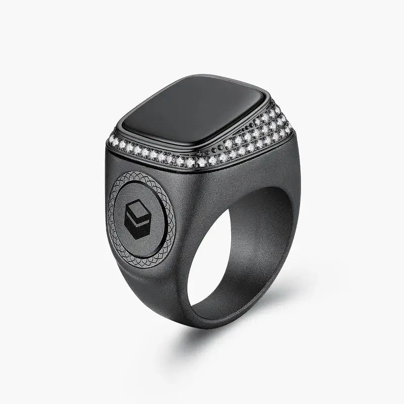 Gunmetal black Zikr Ring with 99 Swarovski Zirconia and Kaaba symbol. Sleek religious ring for daily dhikr and spiritual focus.