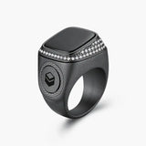 Gunmetal black Zikr Ring with 99 Swarovski Zirconia and Kaaba symbol. Sleek religious ring for daily dhikr and spiritual focus.