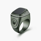 Matte grey Zikr Ring with 99 Swarovski Zirconia and Kaaba icon. Elegant Islamic ring for prayer, perfect for Eid and Ramadan gifting.