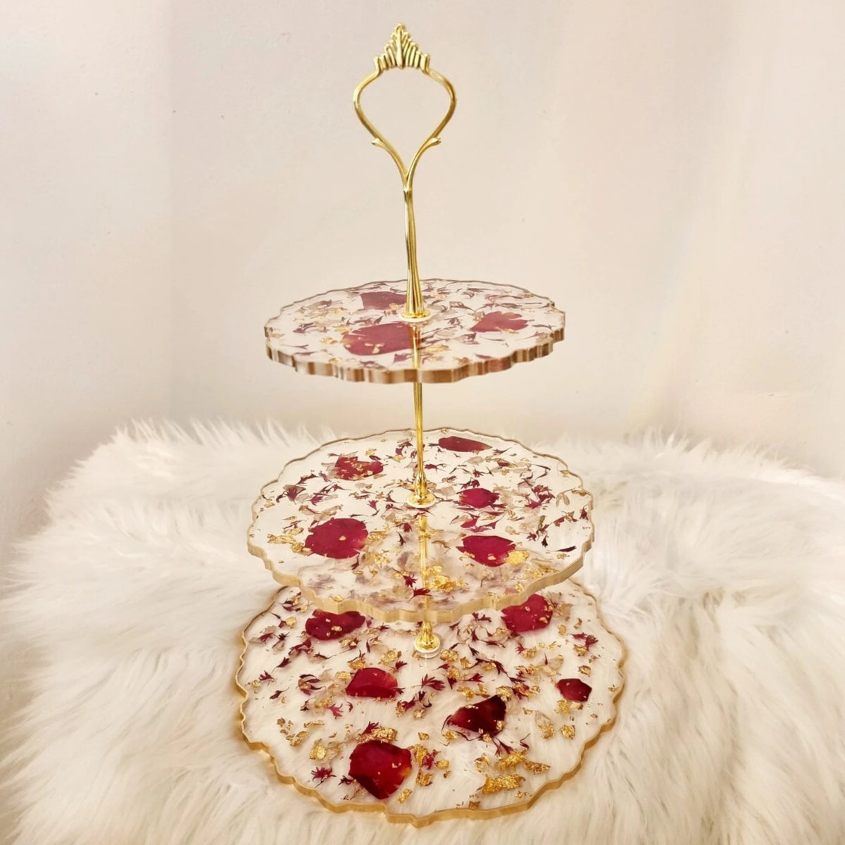 Handcrafted Red Rose Petals Stand - 3 Tier Serving Stand with scalloped resin trays, ideal for home decor, gifting, or high tea presentation.