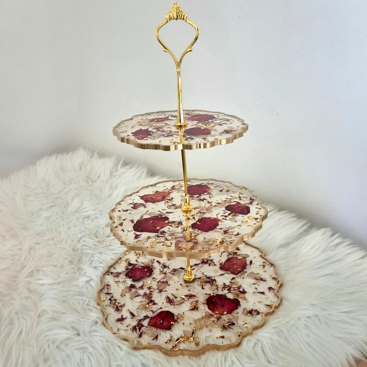 Elegant Red Rose Petals 3 Tier Serving Stand with golden handle and floral resin trays, perfect for housewarming gifts or personalized home decor.