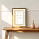 Golden Modern Nikah Nama Frame in a wooden frame on a minimalist wooden shelf, elegant Islamic wedding decor and keepsake gift.