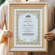 Golden Classic Nikah Nama Frame held by couple, featuring intricate Islamic design and personalized names, ideal for Nikah ceremony and wedding gifts.