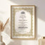 Framed Golden Classic Nikah Nama Certificate displayed on wall with gold accents, perfect for Islamic wedding decor and personalized bridal gifts.