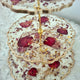 Close-up of Red Rose Petals 3 Tier Serving Stand showing intricate detailing of embedded rose petals and gold flakes, perfect for desserts or jewelry.