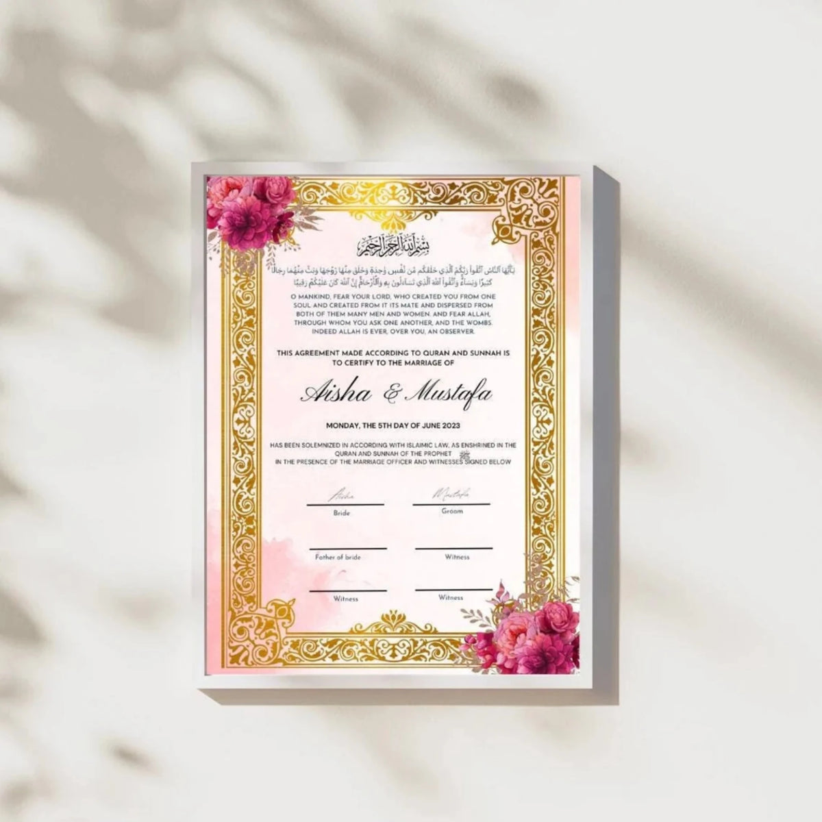 Golden Nikah Nama Frame - Certificate featuring gold calligraphy and floral design in a modern frame. Customizable Islamic wedding gift option.