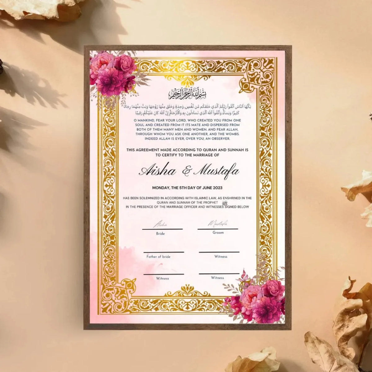 Golden Nikah Nama Frame - Certificate in a shadow box style frame with floral and gold detailing. Elegant Islamic wedding ceremony keepsake.