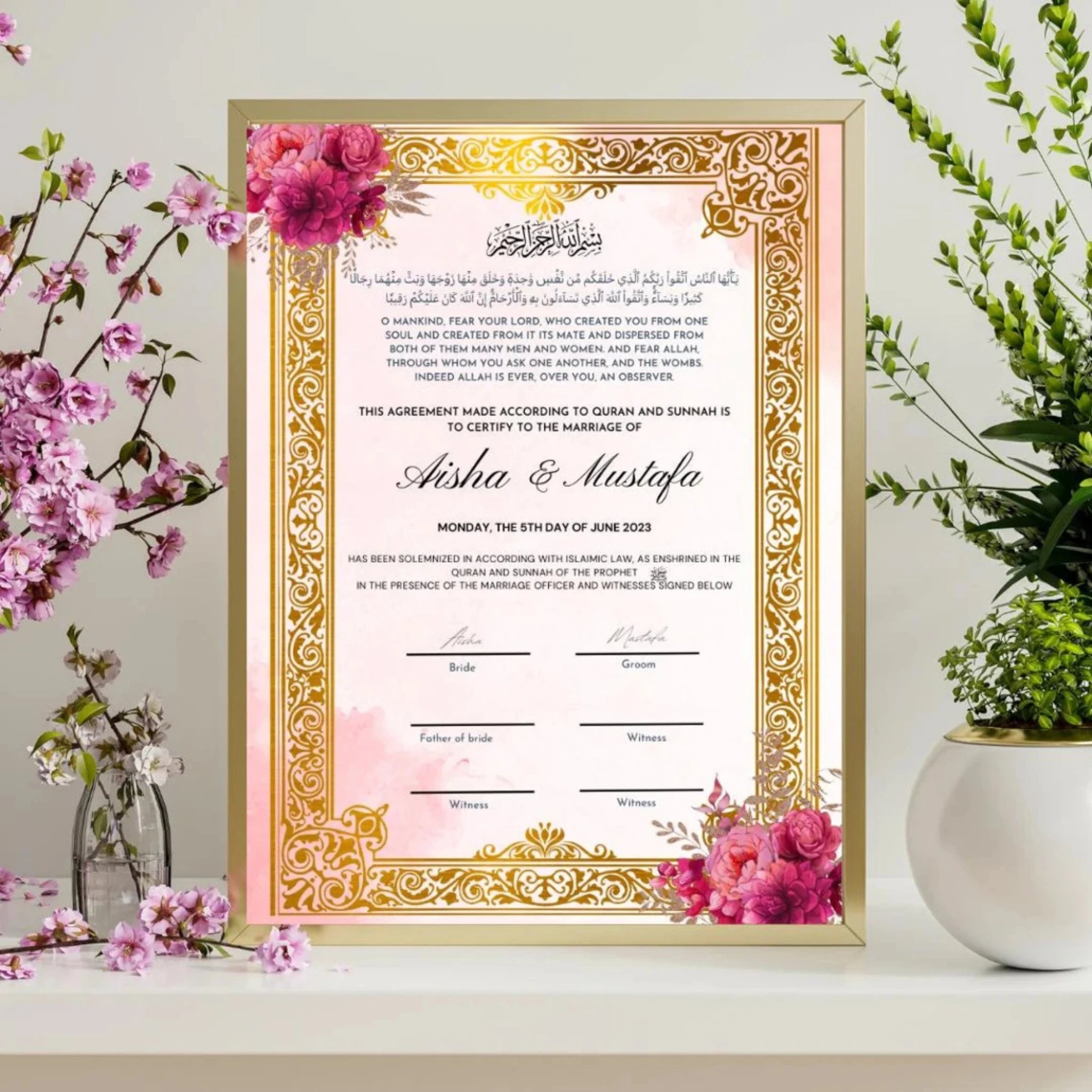 Golden Nikah Nama Frame - Certificate with floral accents, displayed in a gold frame. Ideal Islamic wedding gift and home decor piece. Main image