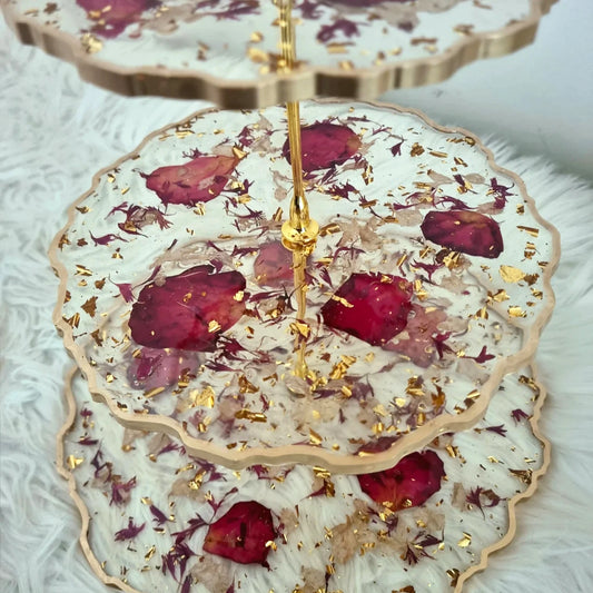 Close-up of Red Rose Petals 3 Tier Serving Stand showing intricate detailing of embedded rose petals and gold flakes, perfect for desserts or jewelry.
