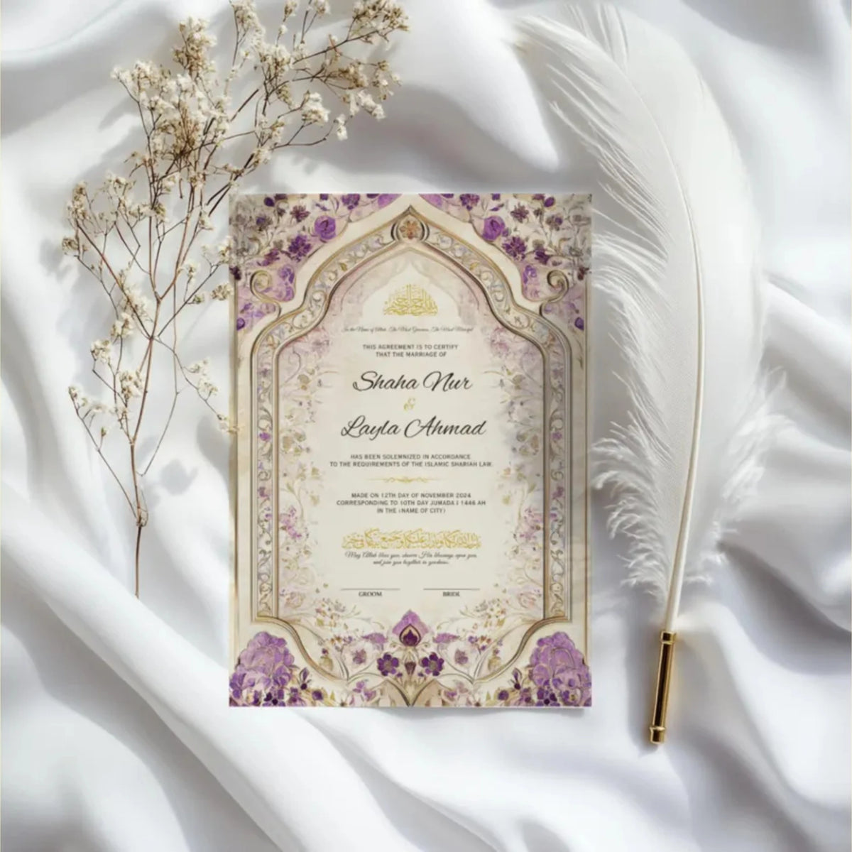 Flat lay of Purple Legacy Nikah Nama Frame - Islamic Wedding Frame on white satin with feather pen, ideal for Nikah ceremony essentials.