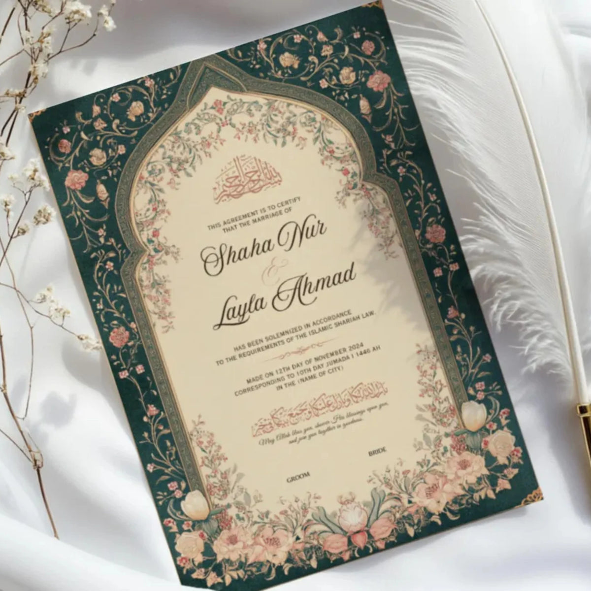 Green Legacy Nikah Nama Frame - Islamic Wedding Gift laid flat with feather and floral accents, showcasing personalized names and elegant Islamic motifs.