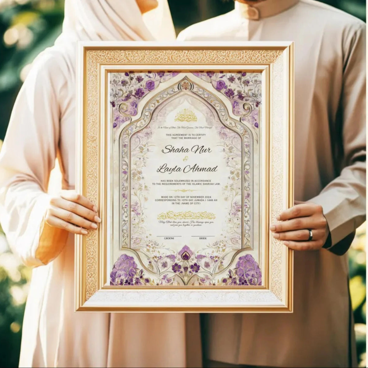 Couple holding Purple Legacy Nikah Nama Frame - Islamic Wedding Frame, a personalized wedding certificate in ornate purple and gold design.