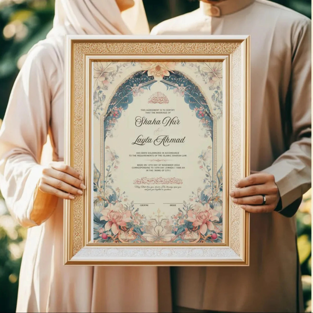 Couple holding Floral Bliss Nikah Nama with Frame, showcasing ornate Islamic motifs and calligraphy, a meaningful wedding or anniversary gift.