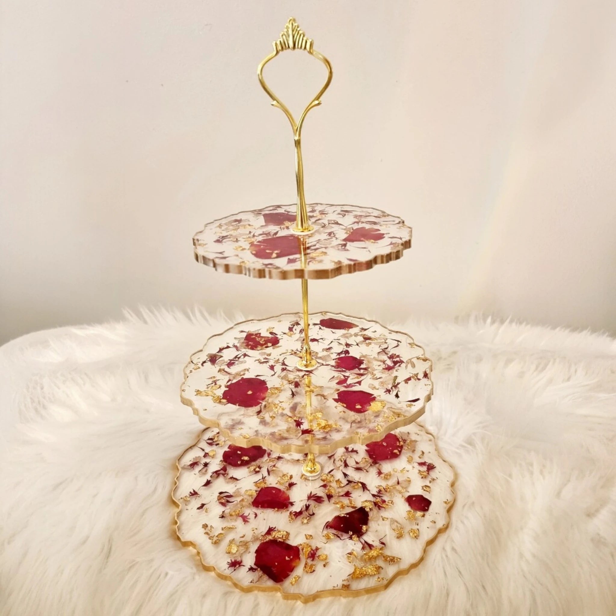 Red Rose Petals Stand - 3 Tier Serving Stand with gold handle, handcrafted with real pressed flowers and gold flakes, ideal for elegant table settings. Main image