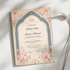Flat-lay of Blooming Bond Certificate - Nikah Nama Frame with ornate floral border, a unique Islamic wedding keepsake and bridal gift option.