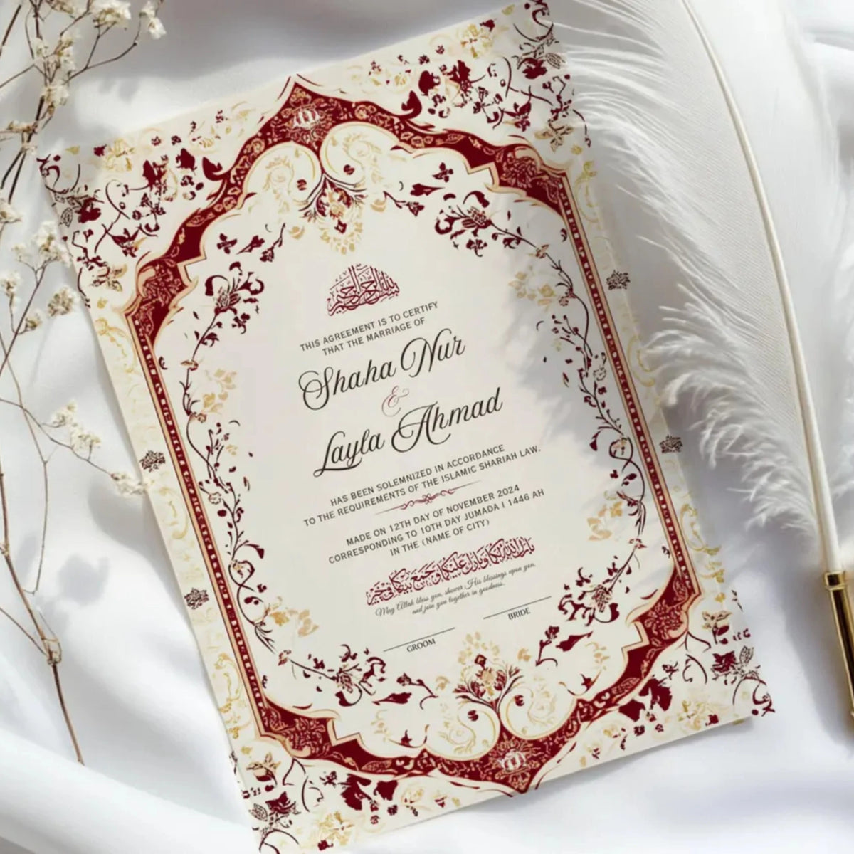 Flat lay of Regal Bloom Nikah Nama Frame with feather and floral decor, showcasing its elegant Islamic design for wedding ceremonies.