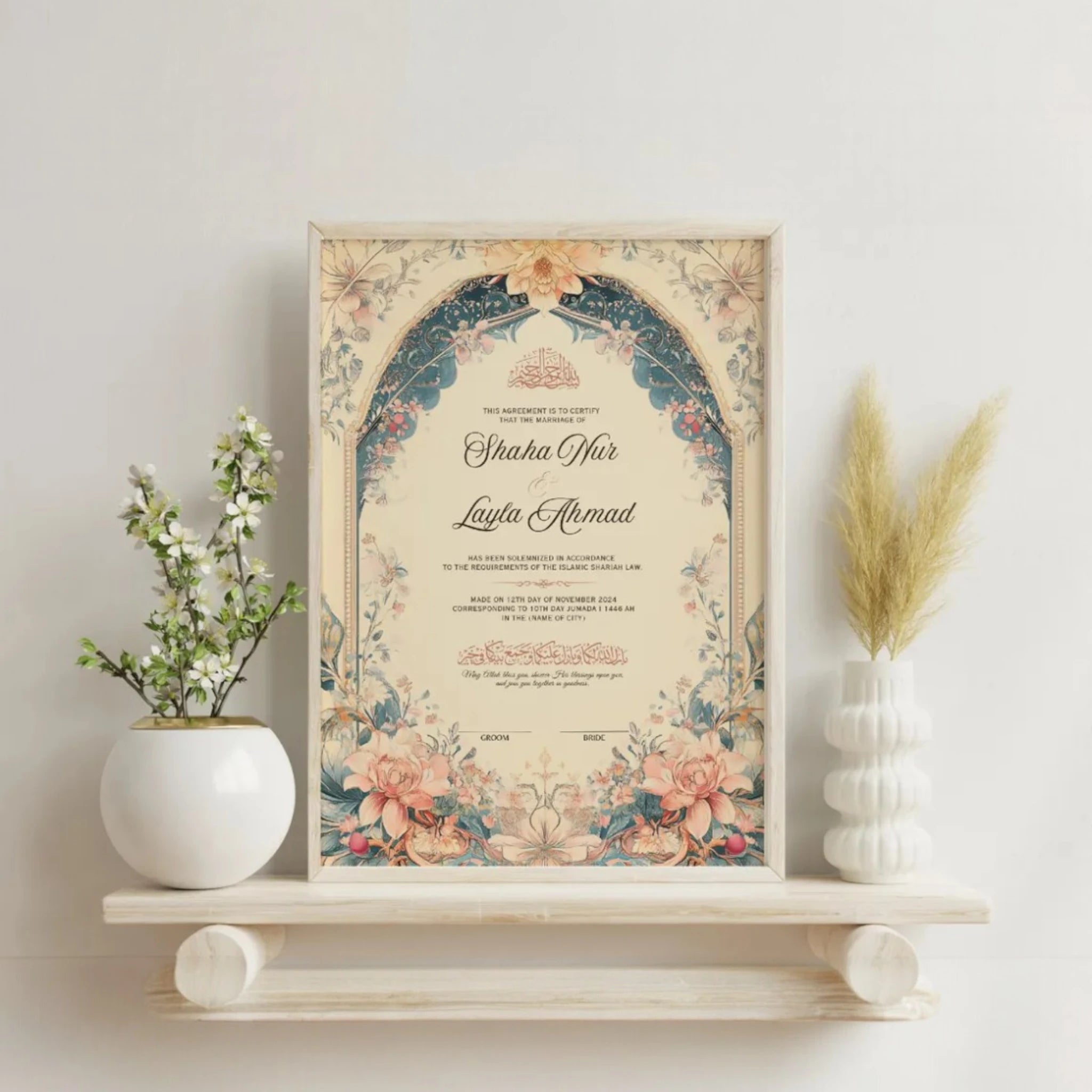Floral Bliss Nikah Nama with Frame in A3 size displayed on a shelf with vases, ideal for Islamic wedding ceremonies and personalized gifts. Main image