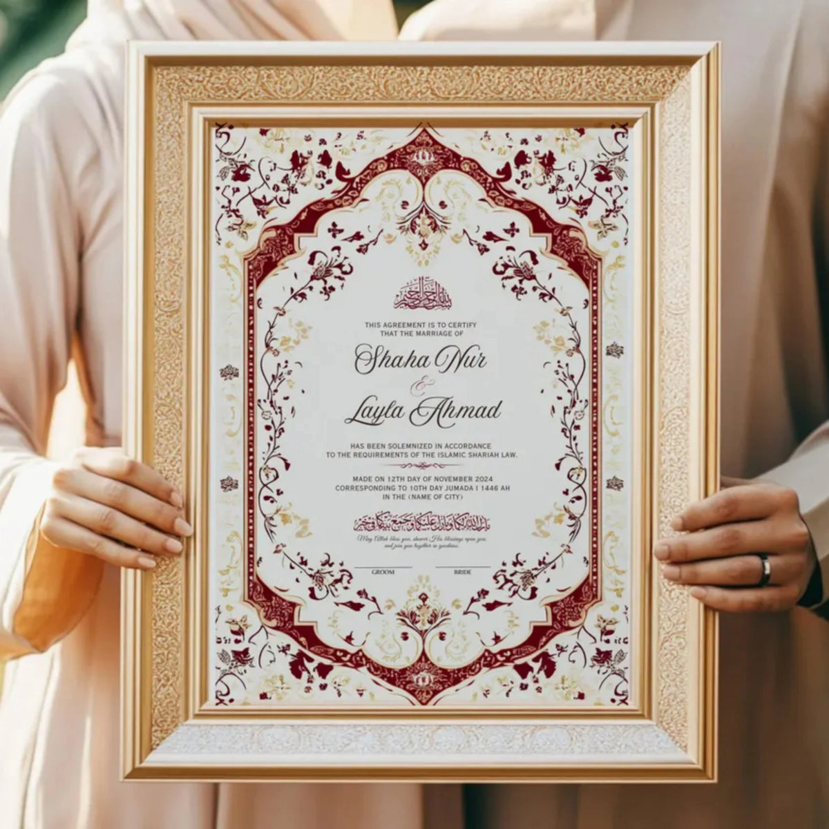 Couple holding a framed Regal Bloom Nikah Nama with rich red and gold Islamic patterns, a meaningful Nikah gift and wedding keepsake.