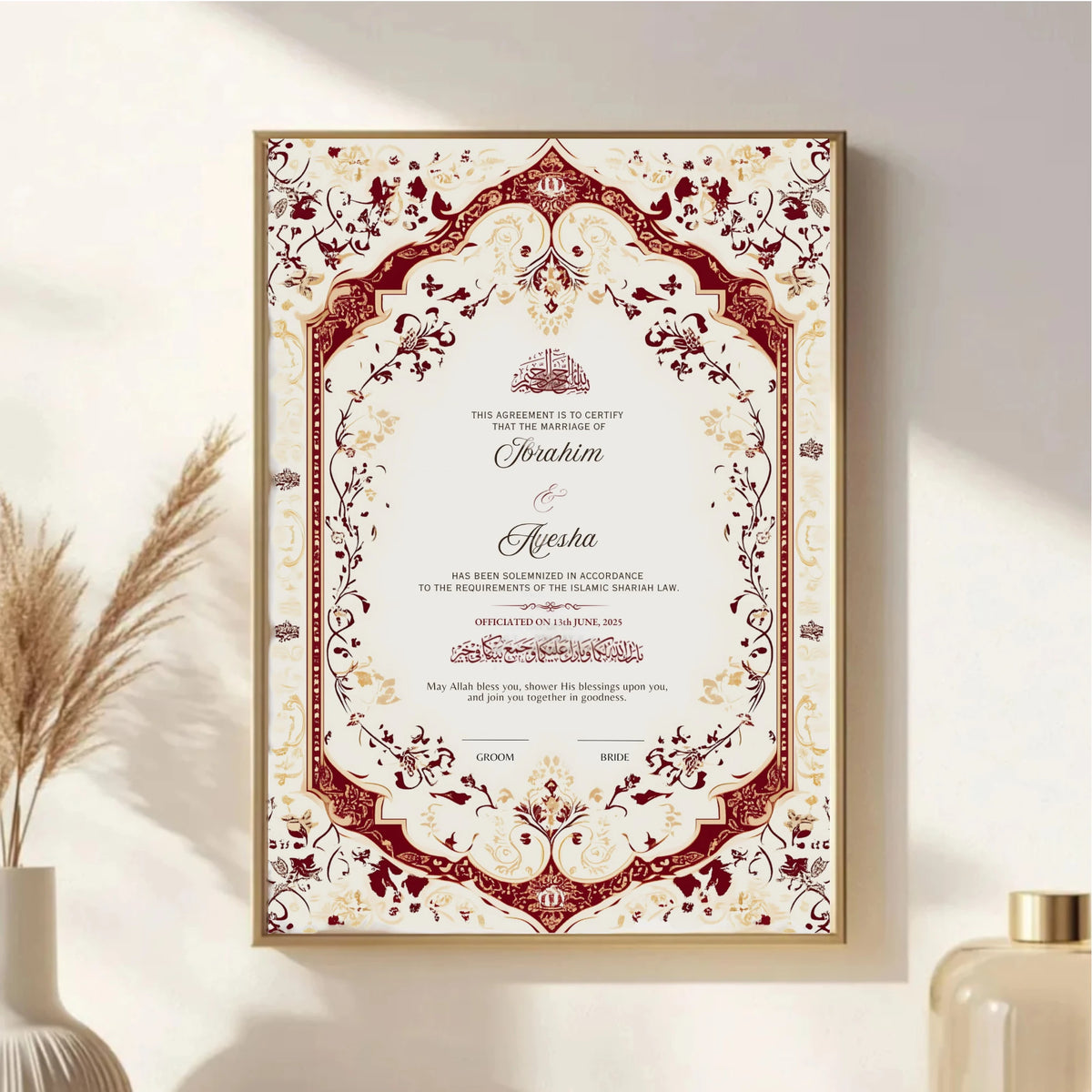 Elegant Regal Bloom Nikah Nama Frame mounted on a wall, featuring intricate red and gold detailing, perfect for wedding or anniversary gifts.