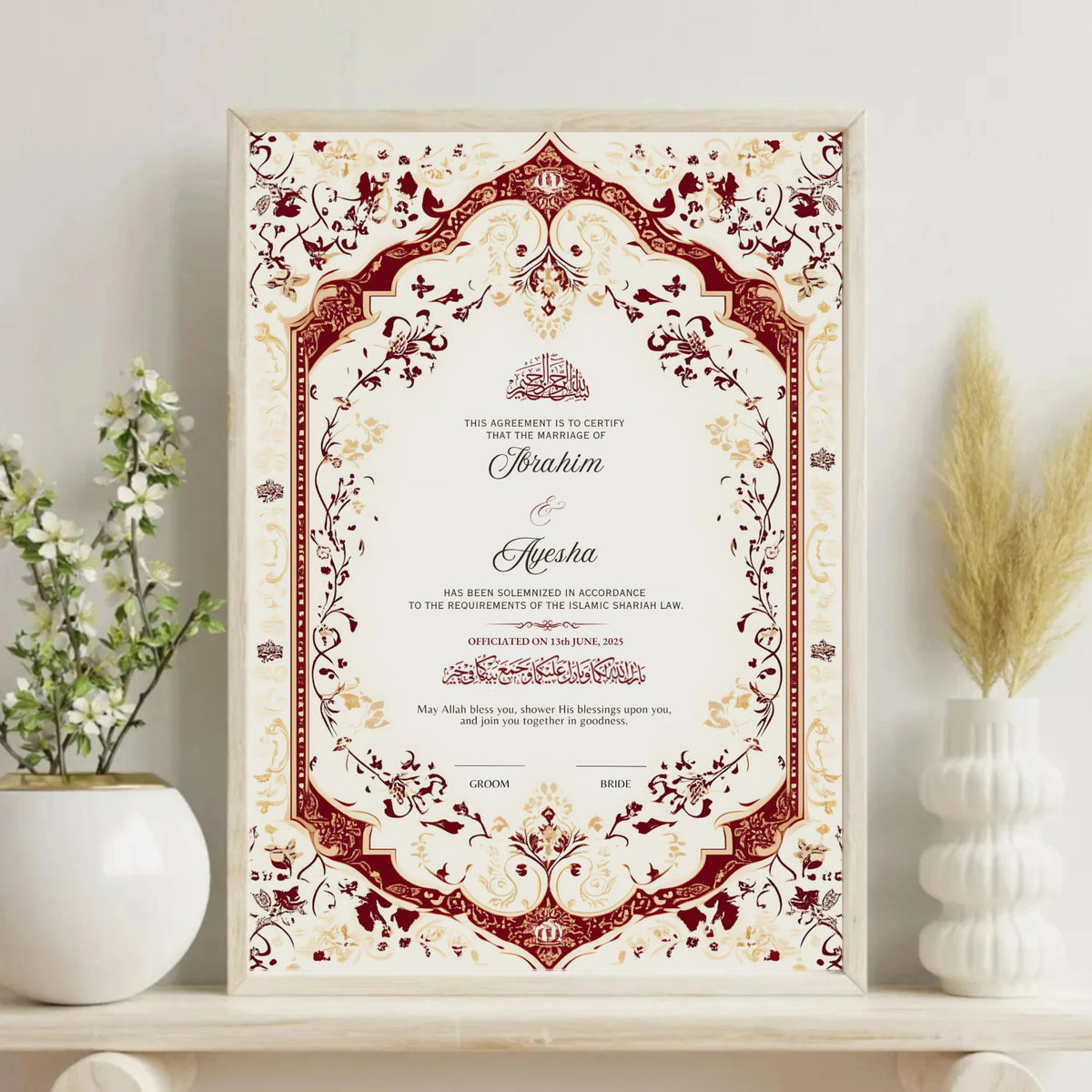 Personalized Regal Bloom Nikah Nama Frame with ornate Islamic design, placed on a white shelf, ideal for Nikah ceremony or bridal gift.