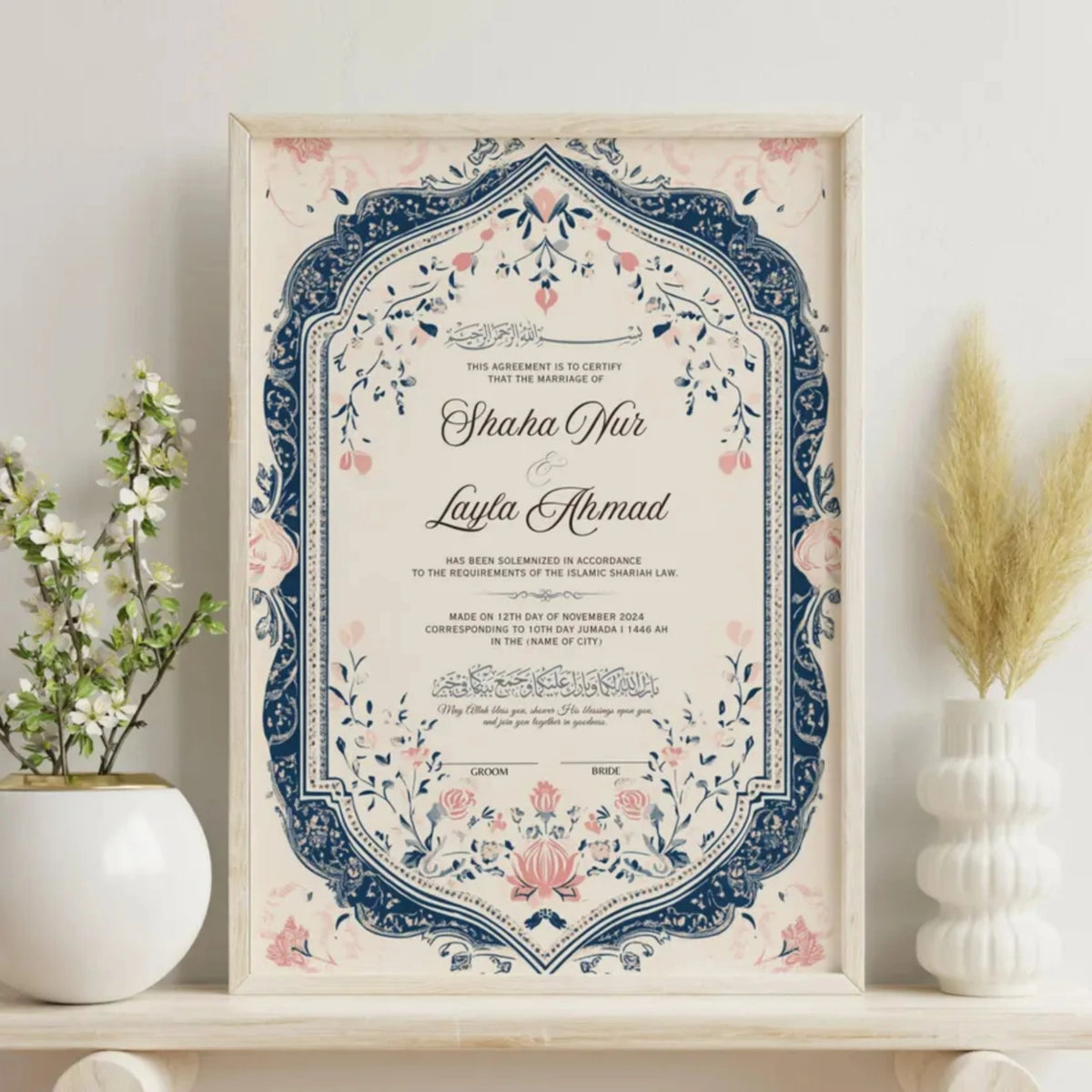 Whispering Flowers Nikah Nama Frame in light wood frame placed on a shelf with neutral decor, ideal for personalized wedding or anniversary gifts.