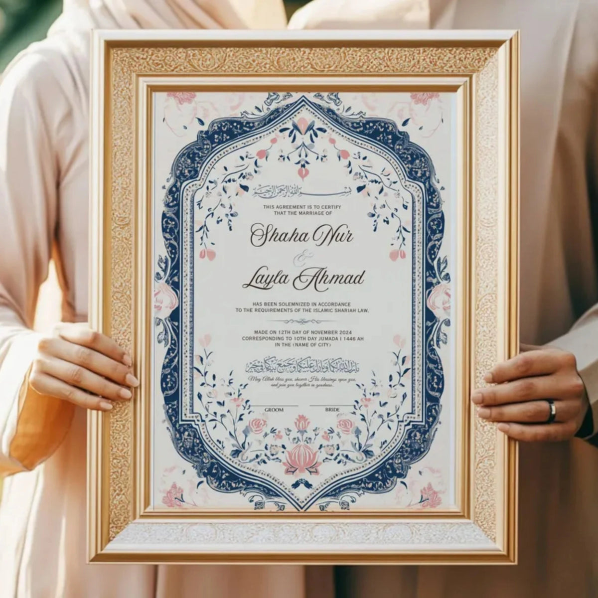 Couple holding framed Whispering Flowers Nikah Nama Frame with ornate floral design, a meaningful wedding gift and Nikah ceremony essential.