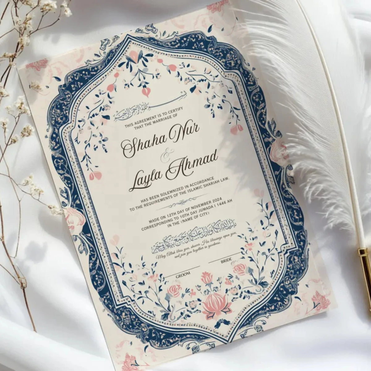Flat-lay of Whispering Flowers Nikah Nama Frame with floral border, perfect as a personalized Islamic wedding gift or Nikah certificate keepsake.