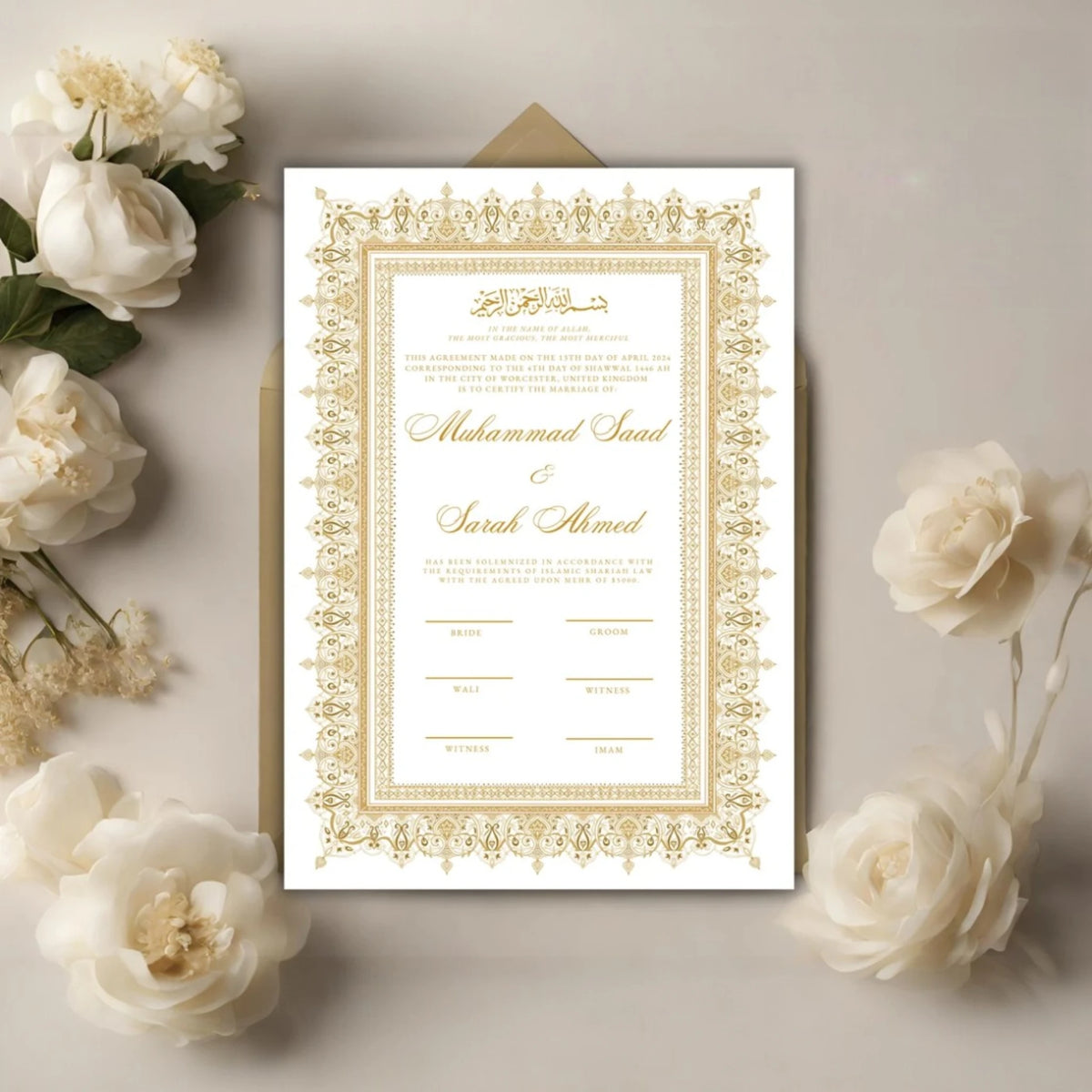Flat-lay of Golden Modern Nikah Nama Frame card with floral decor, perfect for Islamic wedding ceremonies and personalized bridal gifts.