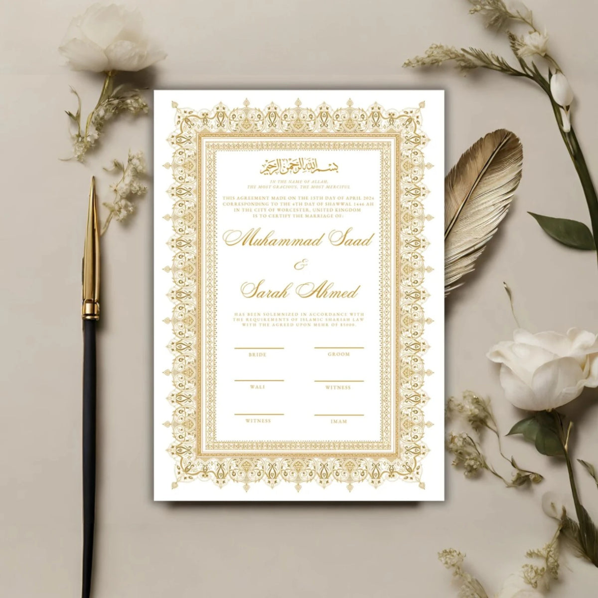 Golden Modern Nikah Nama Frame card styled with pen and white flowers, customizable Islamic wedding certificate for couples.