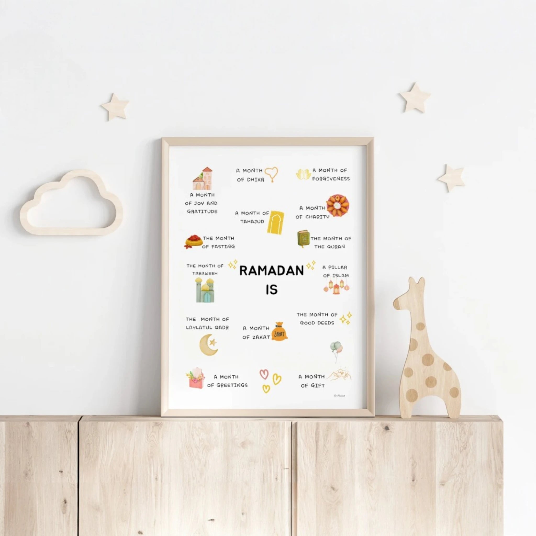 Kids Ramadan Wall Art Frame - Inspire Young Hearts | A3 Size, Handmade. Displayed in a child's room with wooden decor, stars, and a giraffe toy. Main image