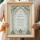 Couple holding Emerald Nikah Nama Frame, showcasing personalized Islamic wedding certificate in luxurious green and gold frame.