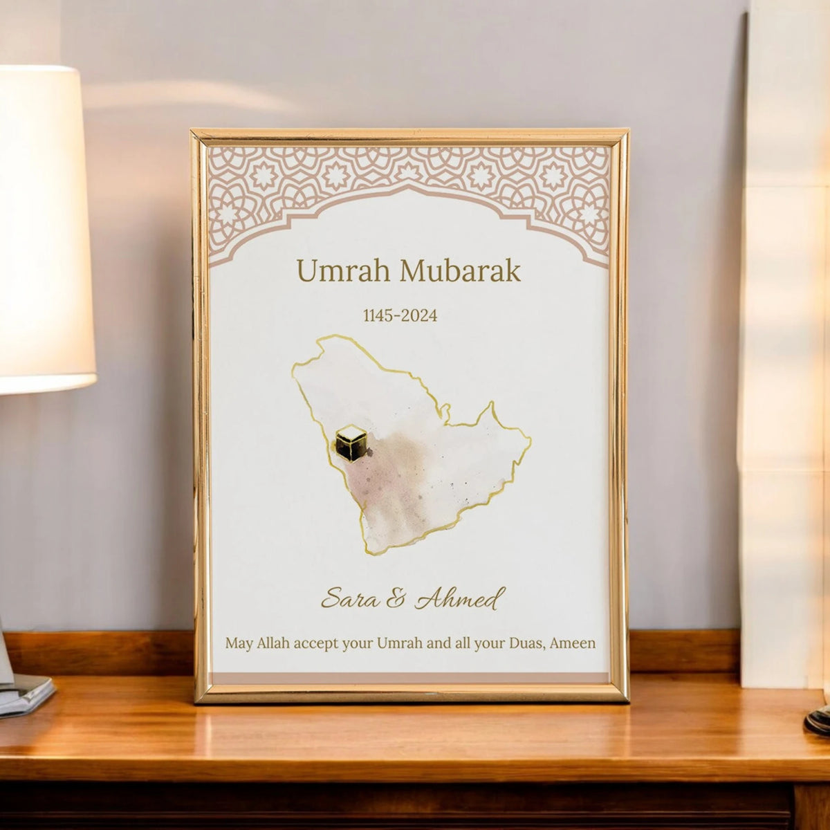 Umrah Mubarak Wall Frame - Personalized Islamic Art featuring Kaaba illustration and custom names, ideal for Hajj & Umrah gifts and home decor.
