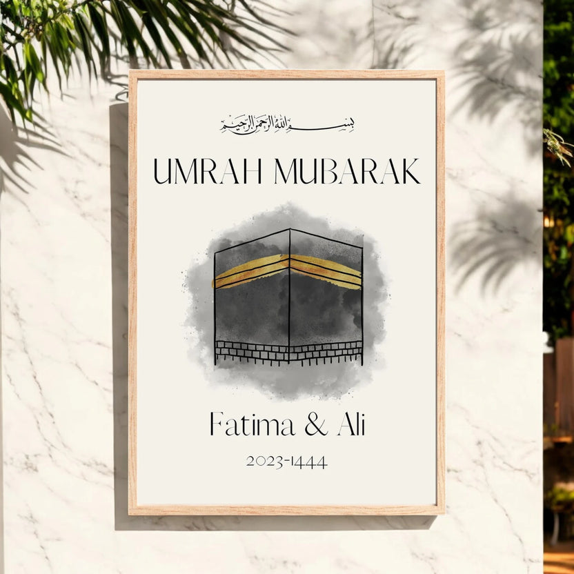 Custom Umrah Frame - A Gift of Meaning in A3 size featuring Kaaba illustration, personalized with names and Hijri-Gregorian year, ideal for home decor. Main image
