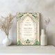 Emerald Nikah Nama Frame on a shelf with minimalist decor, highlighting Islamic wedding gift with intricate green floral border.