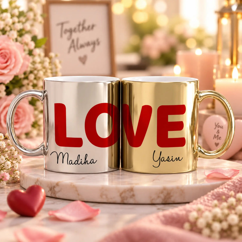 Personalized LOVE Gold & Silver Metallic Couple Mugs (350ml) Main image