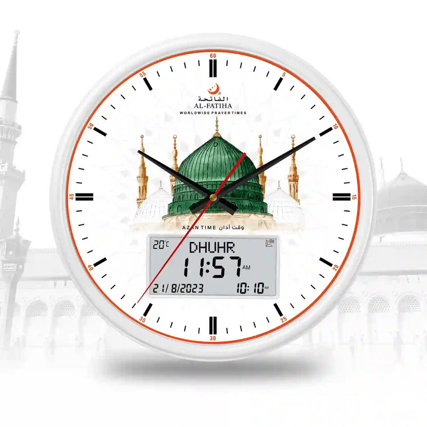 Al-Madina Azaan Wall Clock - Al-Fatiha with digital prayer time display and Masjid al-Nabawi dome design, ideal for Islamic home decor. Main image