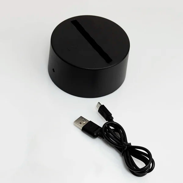 Black base for Couple Ring LED Lamp with USB cable included. Compatible for powering personalized table lamp for home or gifting use.