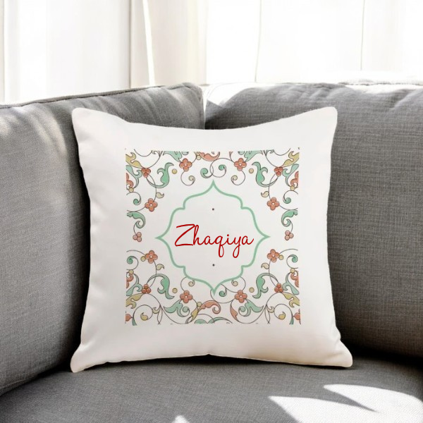Custom Floral Personalized Cushion featuring elegant floral patterns and the name 'Zhaqiya', perfect for living room or bedroom decor.