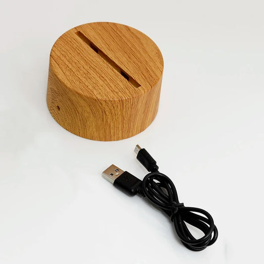 Wooden finish LED lamp base with USB cable, compatible with Evergreen Love Personalized LED Lamp for custom lighting in home decor.