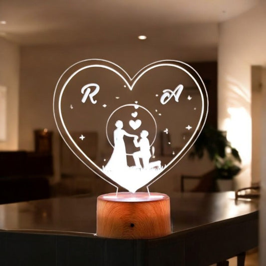 Evergreen Love Personalized LED Lamp with heart-shaped acrylic panel, custom initials, and wooden finish base, ideal for romantic home decor.