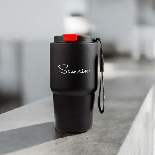 Personalized Black Sipper with custom name 'Samrin' and red-lid cap, perfect for coffee lovers and daily travel use.