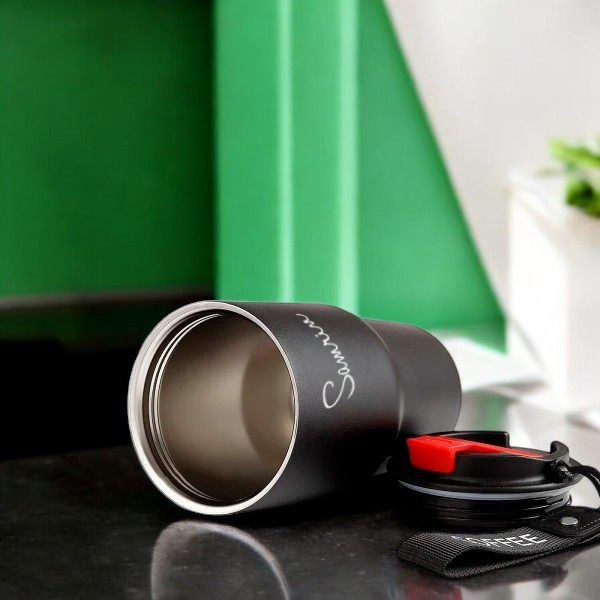 Open Personalized Black Sipper with stainless steel interior and name 'Samrin', great gift for coffee enthusiasts and travel drinkware.