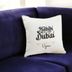 Personalized Habibi Come to Dubai Cushion featuring name Uzma, displayed on a dark blue couch. Perfect for romantic or festive gifting.
