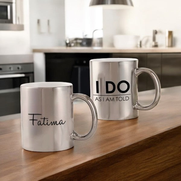 Set of 2 Personalized Couple Mugs - I Do Metallic with names 'Fatima' and 'Armaan', showcasing fun wedding-themed drinkware for couples.
