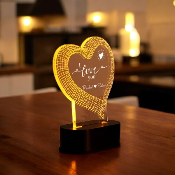 Personalized Love LED Lamp glowing warmly in a cozy setting, ideal sentimental keepsake for couples, weddings, or Valentine's Day.