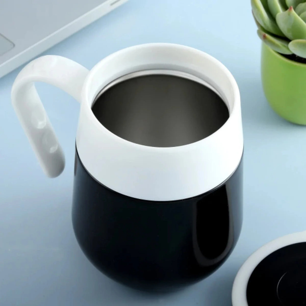 Minimalist Dear Calories Mug with temperature control, black and white ceramic design, perfect for personalized drinkware gifting.