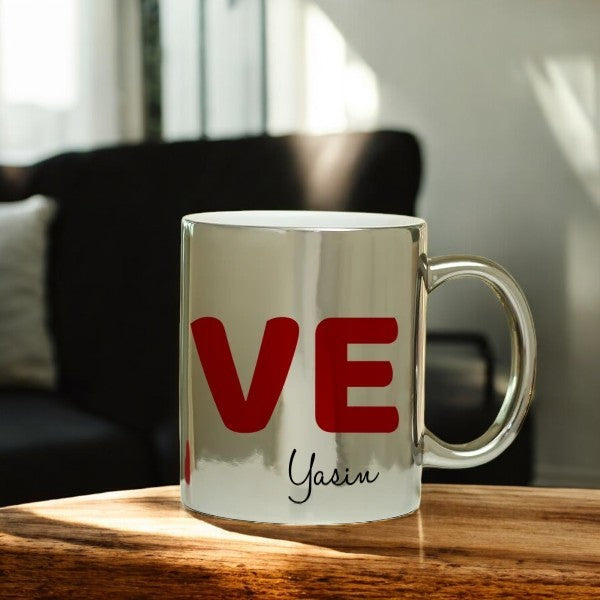 Silver metallic LOVE mug with custom name Yasin, 350ml personalized drinkware from couple mug set, perfect for weddings or anniversaries.